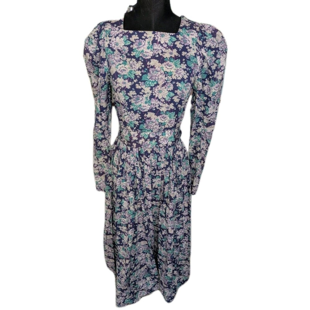 EUC Vintage Laura Ashley Purple Floral Dress Puff Sleeves Belt 100% Cotton US 10